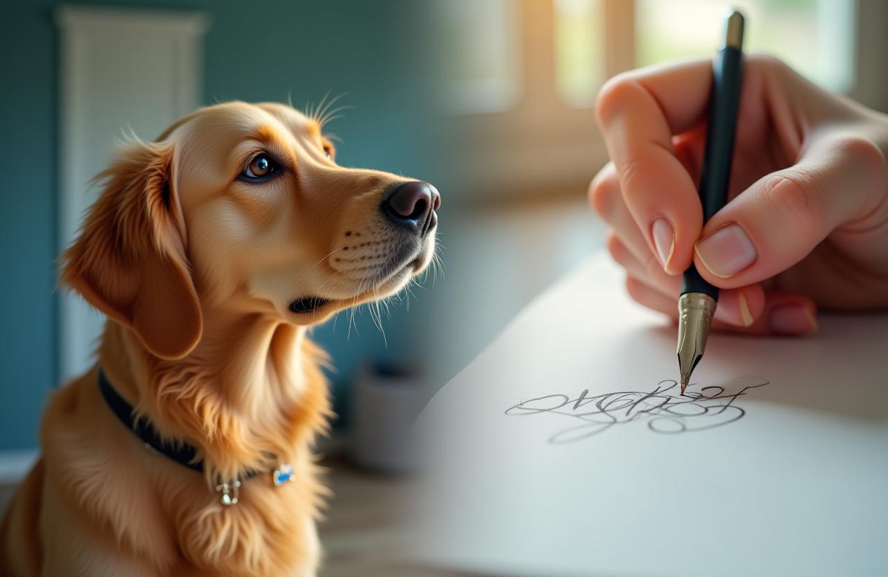 A trainer working with a focused Golden Retriever alongside a calligraphic certificate
