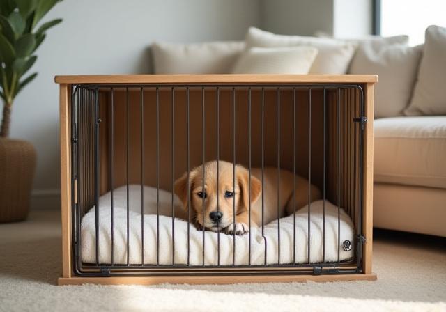 A cozy crate setup with a sleeping puppy