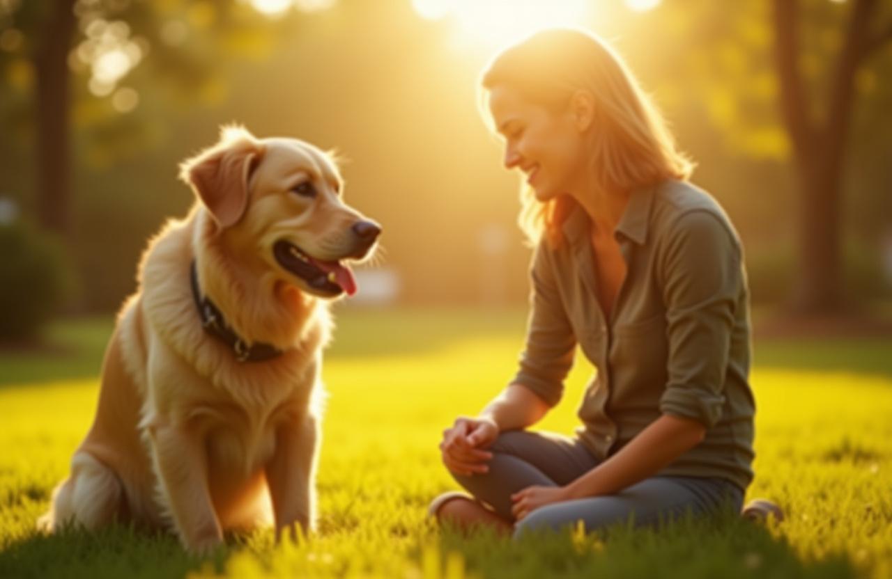A professional trainer working with a golden retriever in a sunlit park