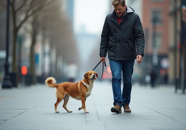 A dog walker maintaining calm control on a city street