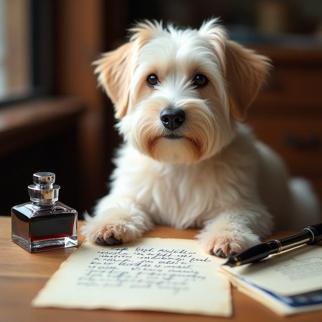 A golden retriever sitting calmly next to a fountain pen and calligraphy ink